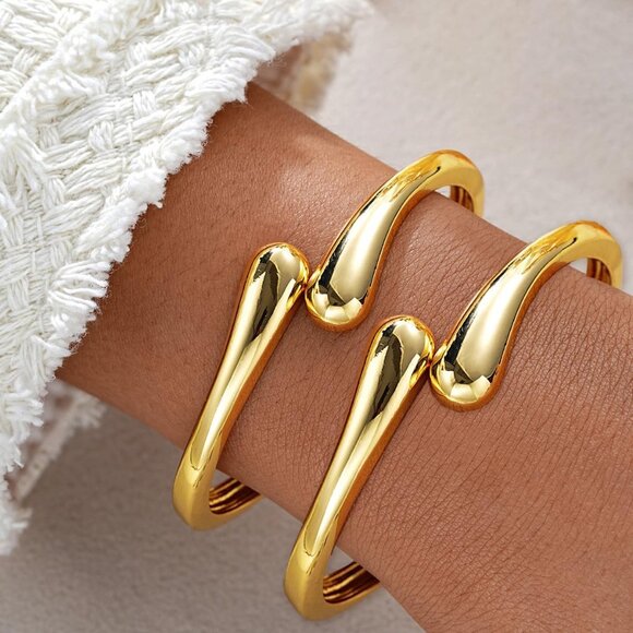 Gold 3 Pcs Bangle Bracelets for Women and Teens Adjustable Chunky Twist Cuff - Picture 3 of 7